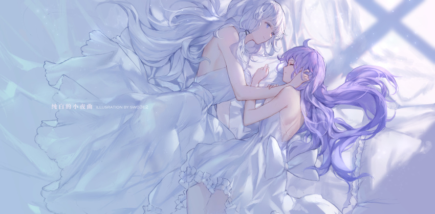 2girls azur_lane backless_dress backless_outfit bare_shoulders blue_eyes breasts closed_eyes dress frilled_dress frills hand_in_another's_hair highres illustrious_(azur_lane) large_breasts long_dress long_hair lying medium_breasts multiple_girls on_bed on_side pillow purple_hair shadow sideboob sleeping swd3e2 unicorn_(azur_lane) very_long_hair white_dress white_hair white_theme yuri