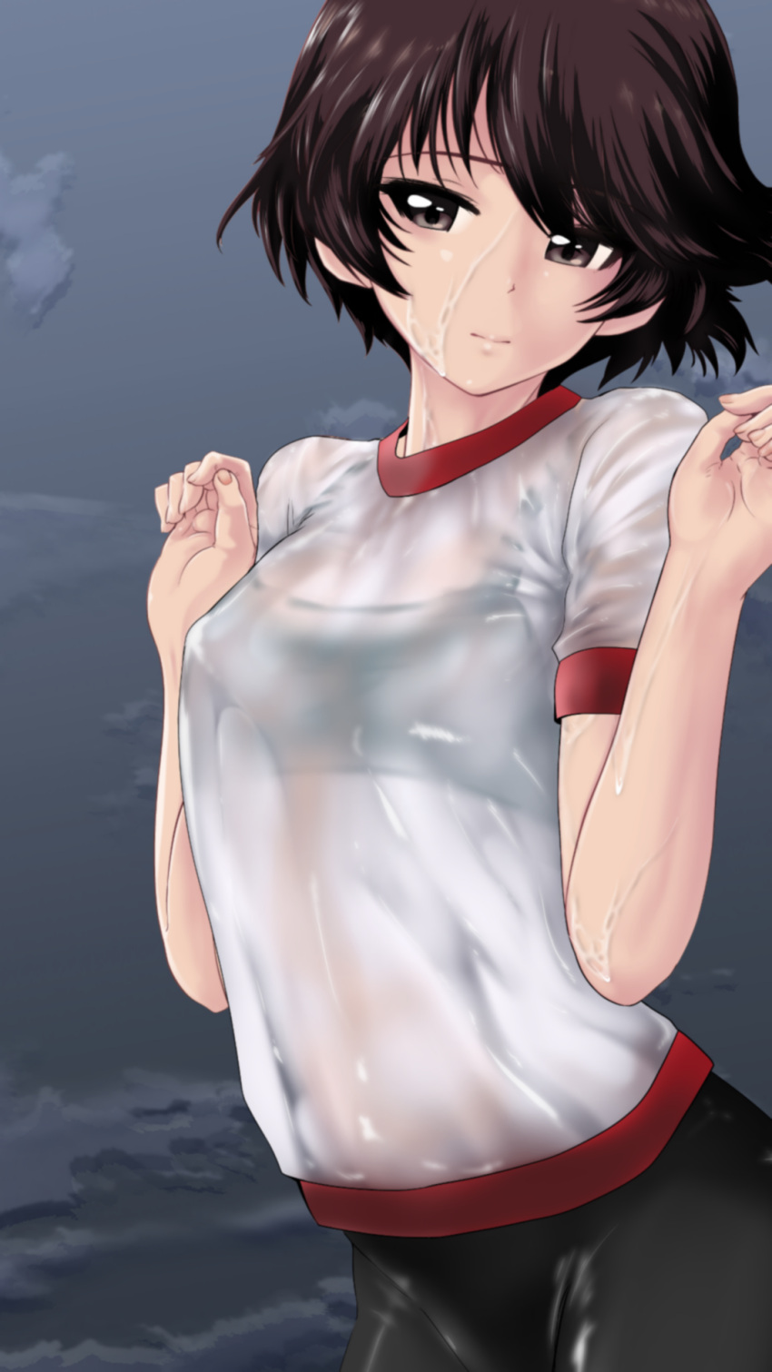 1girl bangs bike_shorts black_shorts black_sports_bra breasts brown_eyes brown_hair closed_mouth commentary girls_und_panzer gym_shirt gym_uniform half-closed_eyes highres isobe_noriko looking_at_viewer see-through shirt short_hair short_sleeves shorts small_breasts smile solo sports_bra standing t-shirt w_arms water wet wet_clothes wet_shirt white_shirt yoyokkun