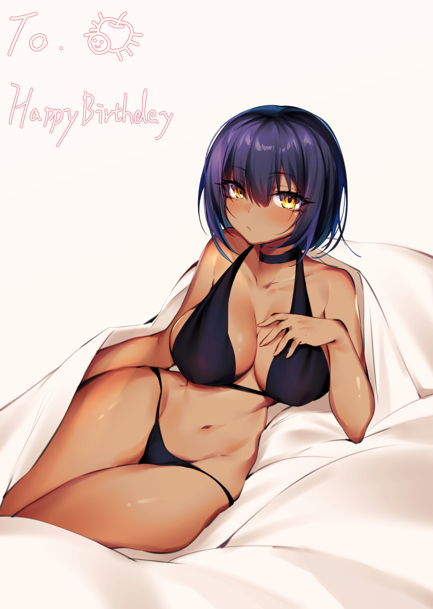 1girl absurdres arm_support bangs bed_sheet bikini black_bikini black_choker blush breasts chinese_commentary choker cleavage closed_mouth collarbone commentary_request dark_skin eyebrows_visible_through_hair halterneck hand_on_own_chest highres large_breasts looking_at_viewer lying medium_hair navel on_bed on_side original purple_hair shiro_kanae solo stomach swimsuit tan thighs white_background yellow_eyes