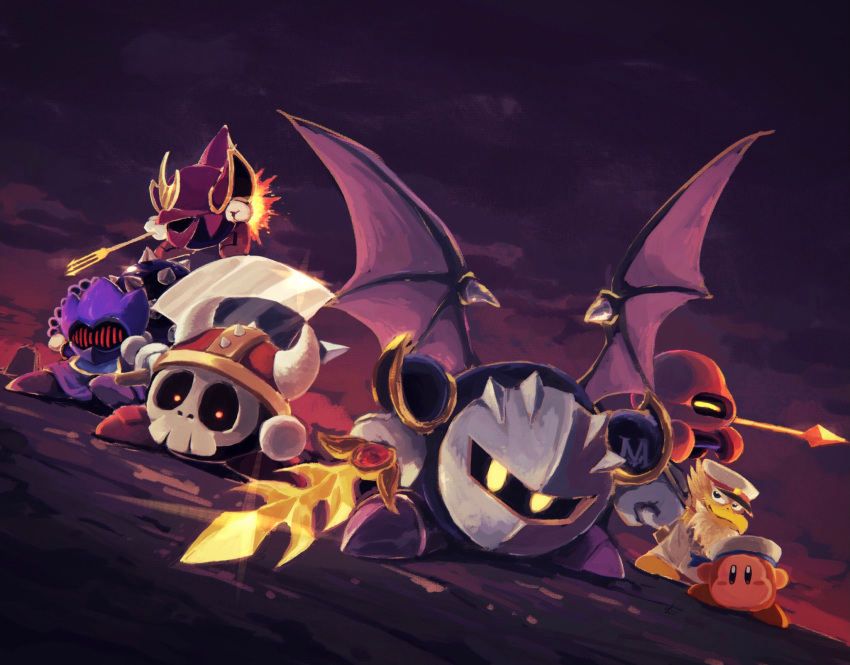 armor axe axe_knight_(kirby) bat_wings captain_vul cloud cloudy_sky dark_sky fake_horns flail galaxia_(sword) helmet highres horned_helmet horns javelin_knight kirby_(series) kirby_super_star looking_at_viewer mace_knight mask meta_knight polearm sailor_waddle_dee shoulder_armor skull sky suyasuyabi sword trident trident_knight weapon white_headwear wings