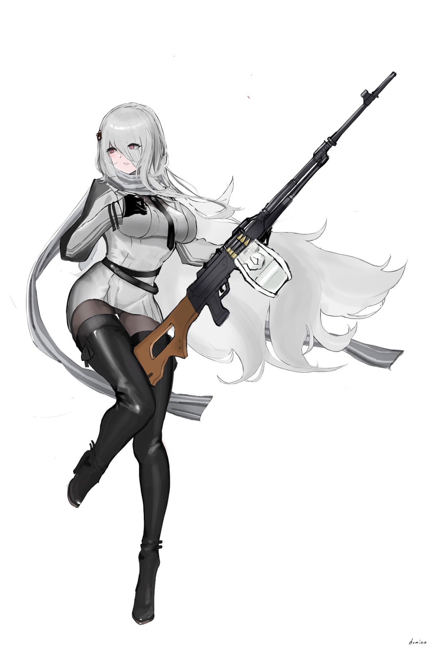 1girl black_gloves boots breasts commentary_request domino42299029 dress eyes_visible_through_hair full_body girls'_frontline gloves grey_dress grey_scarf gun hair_ornament hair_over_one_eye highres holding holding_gun holding_weapon large_breasts leg_up long_hair looking_to_the_side machine_gun necktie open_mouth pantyhose pk_(girls'_frontline) pk_machine_gun scarf silver_hair simple_background solo thigh_boots thighhighs weapon white_background
