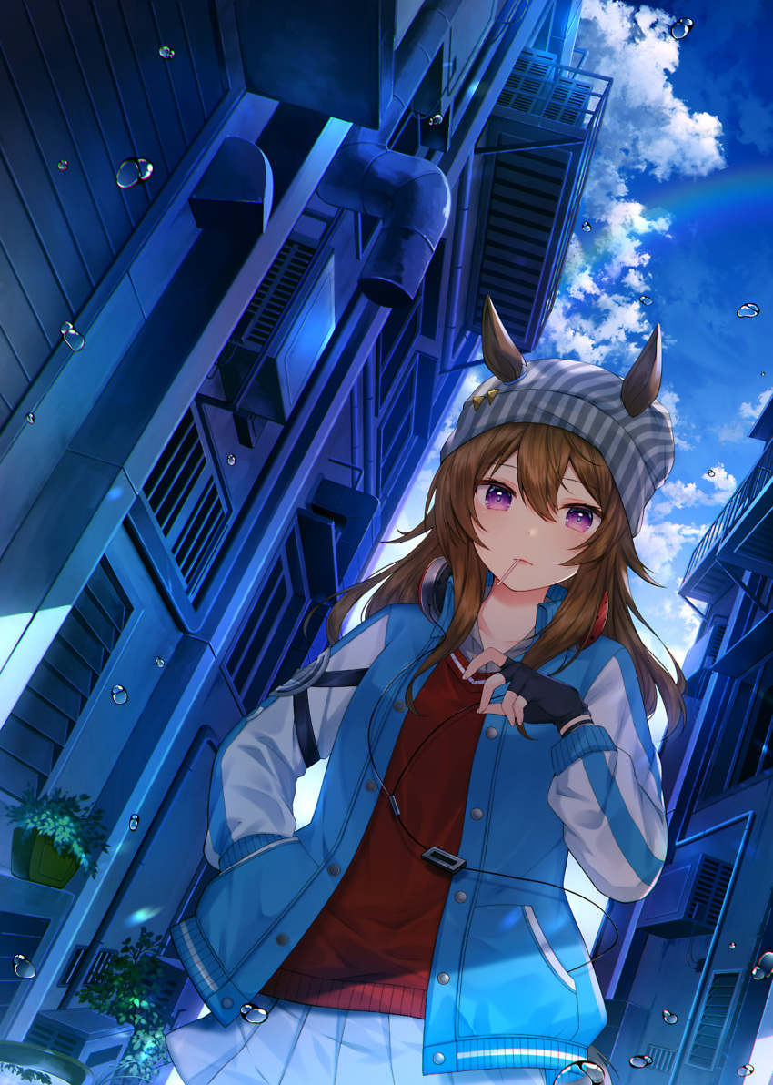 1girl animal_ears balcony bangs beanie blue_jacket brown_gloves brown_hair building candy closed_mouth cloud collared_shirt commentary_request cowboy_shot dutch_angle ears_through_headwear fingerless_gloves food frown gloves grey_shirt hand_in_hair haruhitooo hat headphones headphones_around_neck highres horse_ears house jacket lollipop long_hair looking_at_viewer mouth_hold nakayama_festa_(umamusume) outdoors pink_eyes pipes plant pleated_skirt potted_plant rainbow red_sweater shirt skirt solo sweater umamusume water_drop