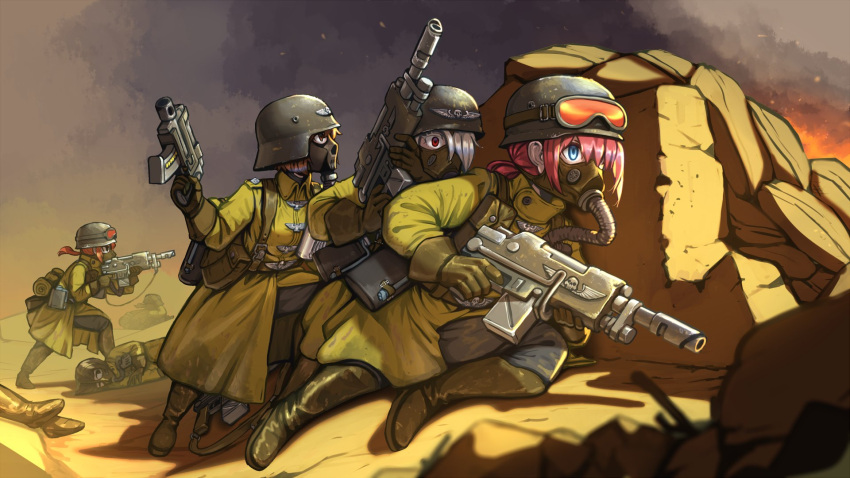 blue_eyes boots emblem erica_(naze1940) fire gas_mask gloves goggles goggles_on_headwear gun helmet highres imperial_guard lasgun mask military military_uniform multiple_girls pink_hair rock smoke trench_coat tube uniform warhammer_40k weapon