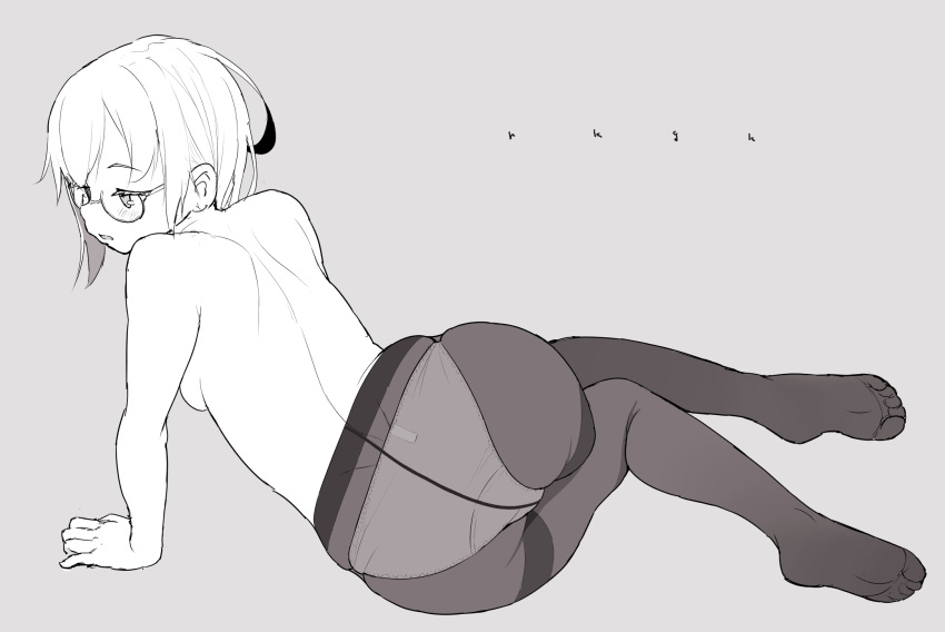 1girl arm_support ass back blush breasts commentary_request crotch_seam feet glasses greyscale highres looking_away lying monochrome neyuki_rei no_shoes on_side open_mouth original panties panties_under_pantyhose pantyhose short_hair simple_background small_breasts soles solo topless underwear