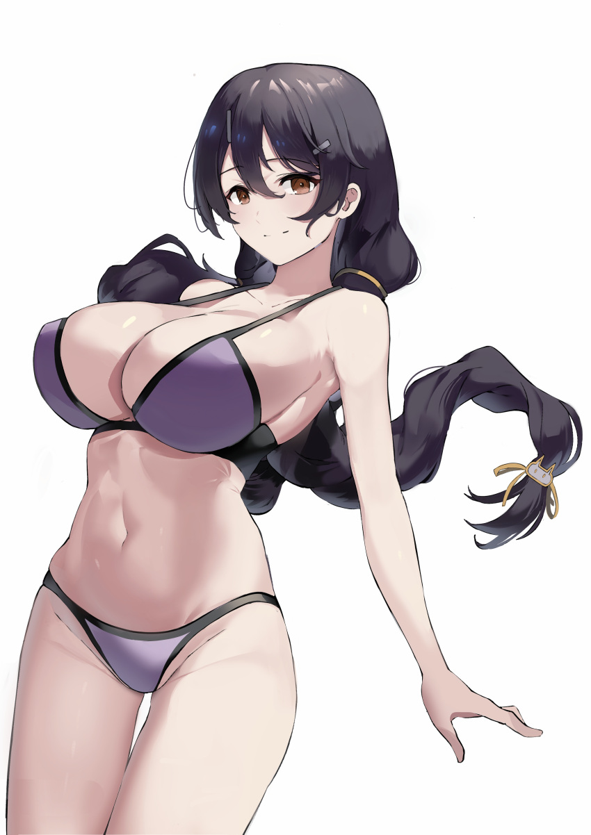 1girl absurdres bakemonogatari bangs bare_shoulders bikini black_hair braid breasts cleavage closed_mouth collarbone commentary cowboy_shot eyebrows_visible_through_hair groin hair_between_eyes hair_ornament hairclip hanekawa_tsubasa highres large_breasts long_hair looking_at_viewer manu_(pixiv41646715) midriff monogatari_(series) navel purple_bikini sidelocks simple_background skindentation smile solo standing swimsuit thigh_gap thighs twin_braids white_background