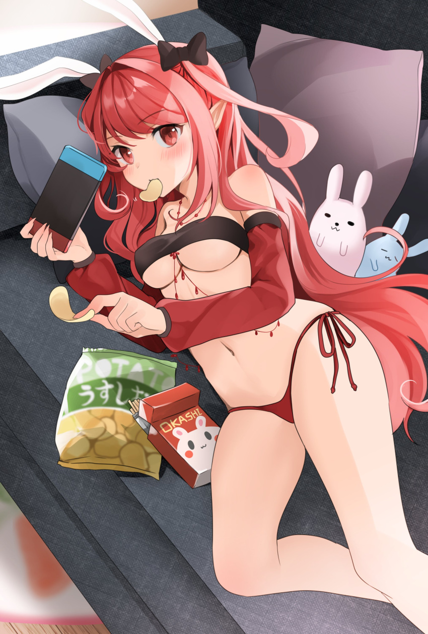 1girl absurdres animal_ears bandeau bare_shoulders bikini bikini_bottom bow breasts chips commission couch detached_sleeves dungeon_and_fighter female_mage_(dungeon_and_fighter) food hair_bow highres holding jewelry long_hair long_sleeves looking_at_viewer lying mage_(dungeon_and_fighter) medium_breasts mouth_hold navel necklace nintendo_switch on_couch on_side potato_chips rabbit_ears red_bikini red_eyes red_hair side-tie_bikini skeb_commission solo stomach strapless string_bikini swimsuit thighs tube_top two_side_up underboob very_long_hair working_slave_(character) yunamaro