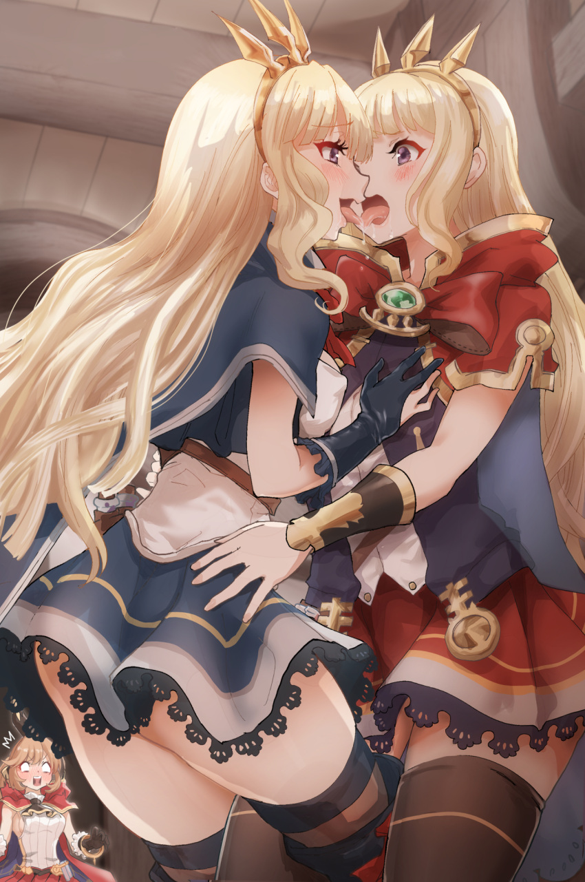 3girls bangs black_legwear blonde_hair blue_cape blue_dress blush bracer brown_hair cagliostro_(granblue_fantasy) cape capelet clarisse_(granblue_fantasy) commentary_request dress dual_persona fingerless_gloves french_kiss gloves grabbing granblue_fantasy hairband hand_on_another's_hip highres kiss kurosususu long_hair multiple_girls open_mouth partially_fingerless_gloves purple_eyes red_cape red_dress selfcest spiked_hairband spikes standing surprised thighhighs tongue tongue_out yuri