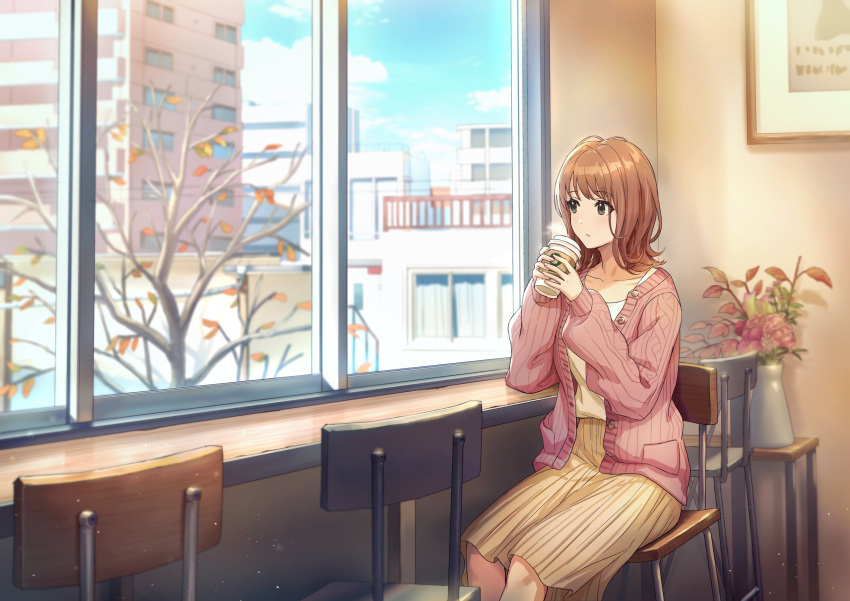 1girl autumn_leaves blue_sky brown_hair brown_skirt building cloud coffee_cup collarbone commentary_request cup day disposable_cup grey_eyes highres holding holding_cup indoors jacket long_hair long_sleeves looking_away looking_to_the_side on_chair open_clothes open_jacket original parted_lips pink_jacket pleated_skirt puffy_long_sleeves puffy_sleeves railing shirt shouhei sitting skirt sky sleeves_past_wrists solo tree white_shirt window