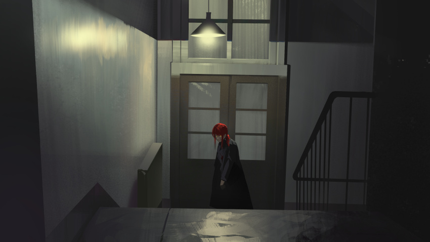 1girl absurdres black_coat blood blood_on_face braid ceiling_light chainsaw_man closed_mouth coat door highres indoors looking_at_viewer makima_(chainsaw_man) red_hair rocher-hd single_braid solo stairs symbol-only_commentary wide_shot yellow_eyes