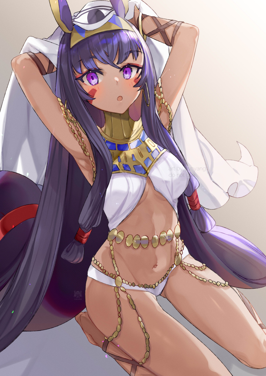 1girl :o absurdres arms_up ass_visible_through_thighs bangs barefoot belly_chain breasts chain dark_skin datyun earrings eyebrows_visible_through_hair fate/grand_order fate_(series) full_body hair_ribbon hair_tubes highres hoop_earrings jewelry long_hair looking_at_viewer low-tied_long_hair medium_breasts navel nitocris_(fate) open_mouth purple_eyes purple_hair ribbon seiza simple_background single_earring sitting solo stomach thighs very_long_hair