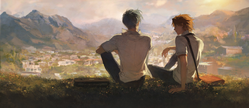 2boys absurdres arm_support bag black_pants brown_bag brown_hair city cityscape ck_(26982497) collared_shirt day from_behind full_body grey_hair hanamura_yousuke highres hill male_focus mountainous_horizon multiple_boys narukami_yuu on_ground outdoors pants persona persona_4 shirt short_hair short_sleeves shoulder_bag sitting white_shirt wind