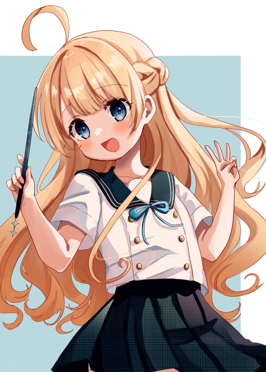 1girl :d ahoge bangs black_sailor_collar black_skirt blonde_hair blue_background blue_eyes blue_ribbon blush braid character_request eyebrows_visible_through_hair half_updo hands_up highres holding long_hair looking_at_viewer manga_time_kirara manga_time_kirara_carat neck_ribbon pleated_skirt ribbon rino_cnc sailor_collar school_uniform serafuku shirt short_sleeves skirt smile solo two-tone_background very_long_hair white_background white_shirt