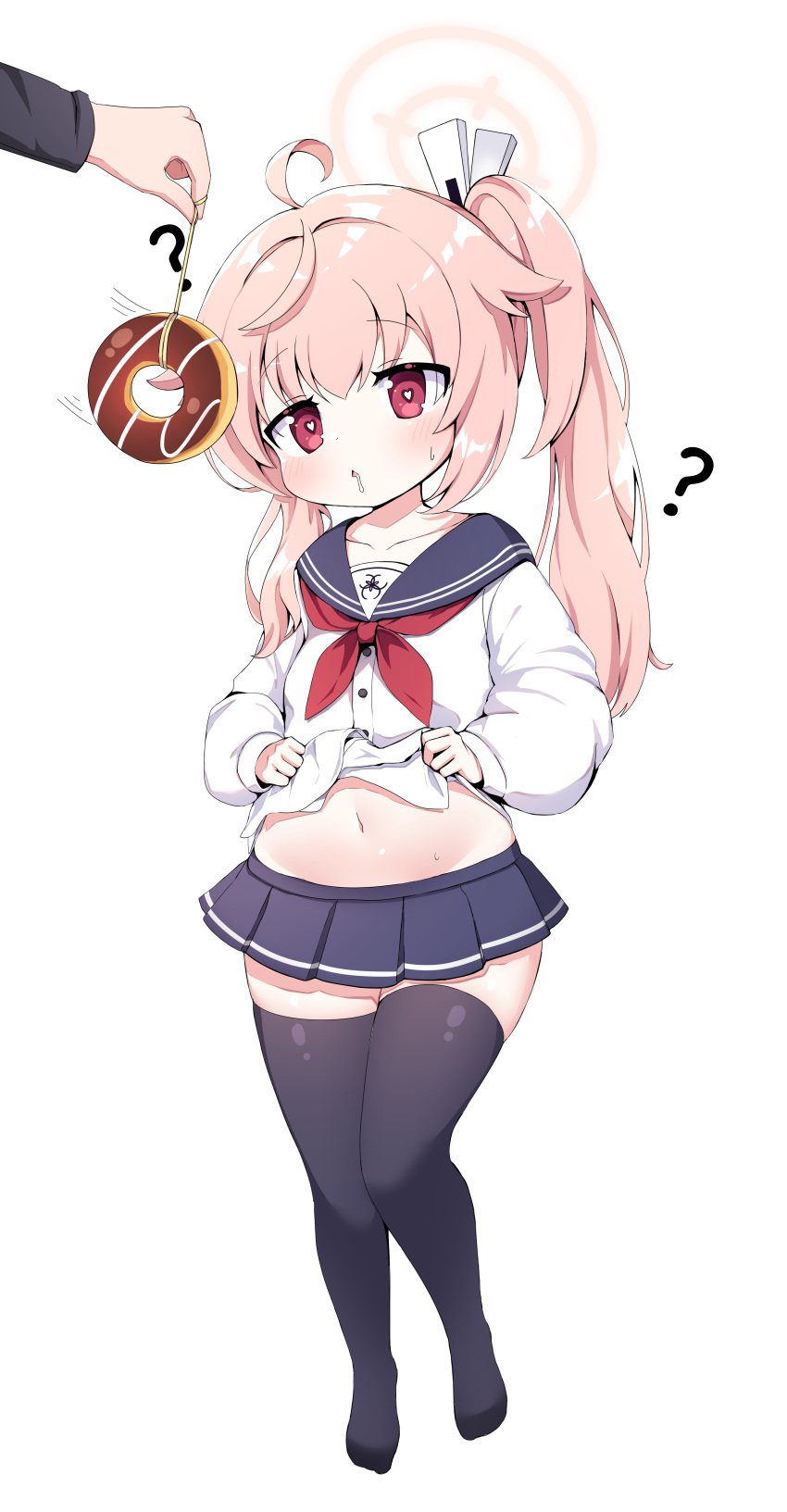 1girl ? absurdres ahoge belly black_legwear blue_archive clothes_lift curvy doughnut food halo heart heart-shaped_pupils highres hypnosis long_hair mind_control natsu_(blue_archive) navel pink_hair plump red_eyes saliva school_uniform shirt_lift side_ponytail solo_focus symbol-shaped_pupils thighhighs white_background yukki_bunny