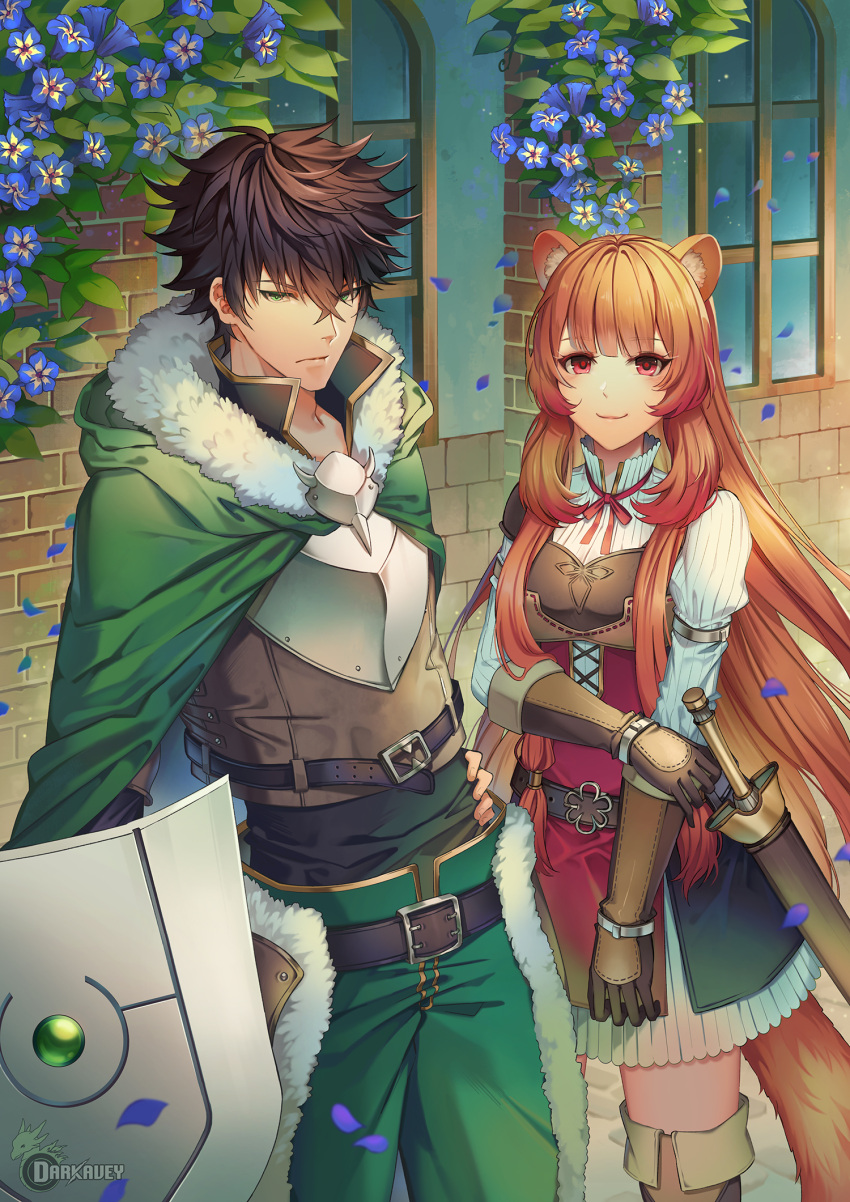 1boy 1girl animal_ear_fluff animal_ears artist_name black_hair boots brick_wall brown_gloves brown_hair cape chest_plate closed_mouth darkavey falling_petals flower gloves green_cape green_eyes highres holding holding_own_arm holding_shield iwatani_naofumi long_hair petals raccoon_ears raccoon_girl raccoon_tail raphtalia sheath shield smile standing sweater sword tail tate_no_yuusha_no_nariagari thigh_boots thighhighs watermark weapon white_sweater window