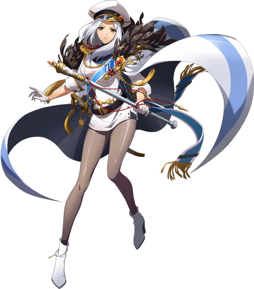 1girl belt black_belt boots brown_eyes cape dress floating_hair full_body gloves grey_legwear high_heel_boots high_heels highres holding holding_staff langrisser langrisser_iv long_hair long_sleeves looking_at_viewer military military_uniform official_art pantyhose purple_lips selena_(langrisser) sheath sheathed shiny shiny_clothes shiny_legwear short_dress silver_hair solo staff standing sword transparent_background uniform weapon white_cape white_dress white_footwear white_gloves white_headwear