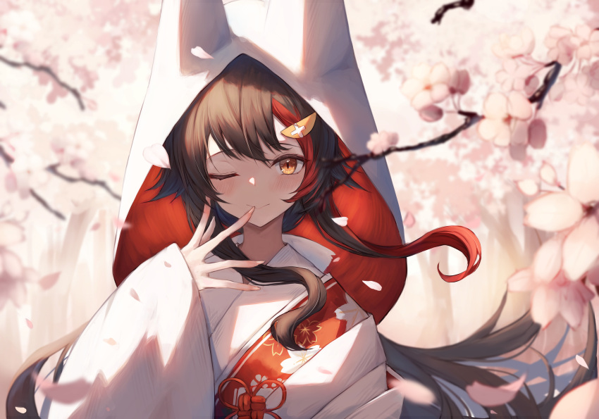 1girl absurdres brown_hair closed_mouth fingernails floral_print flower hair_ornament highres hololive hood inre_kemomimi japanese_clothes kimono long_hair looking_at_viewer one_eye_closed ookami_mio orange_eyes petals smile solo tail traditional_clothes uchikake upper_body virtual_youtuber wolf_girl wolf_tail