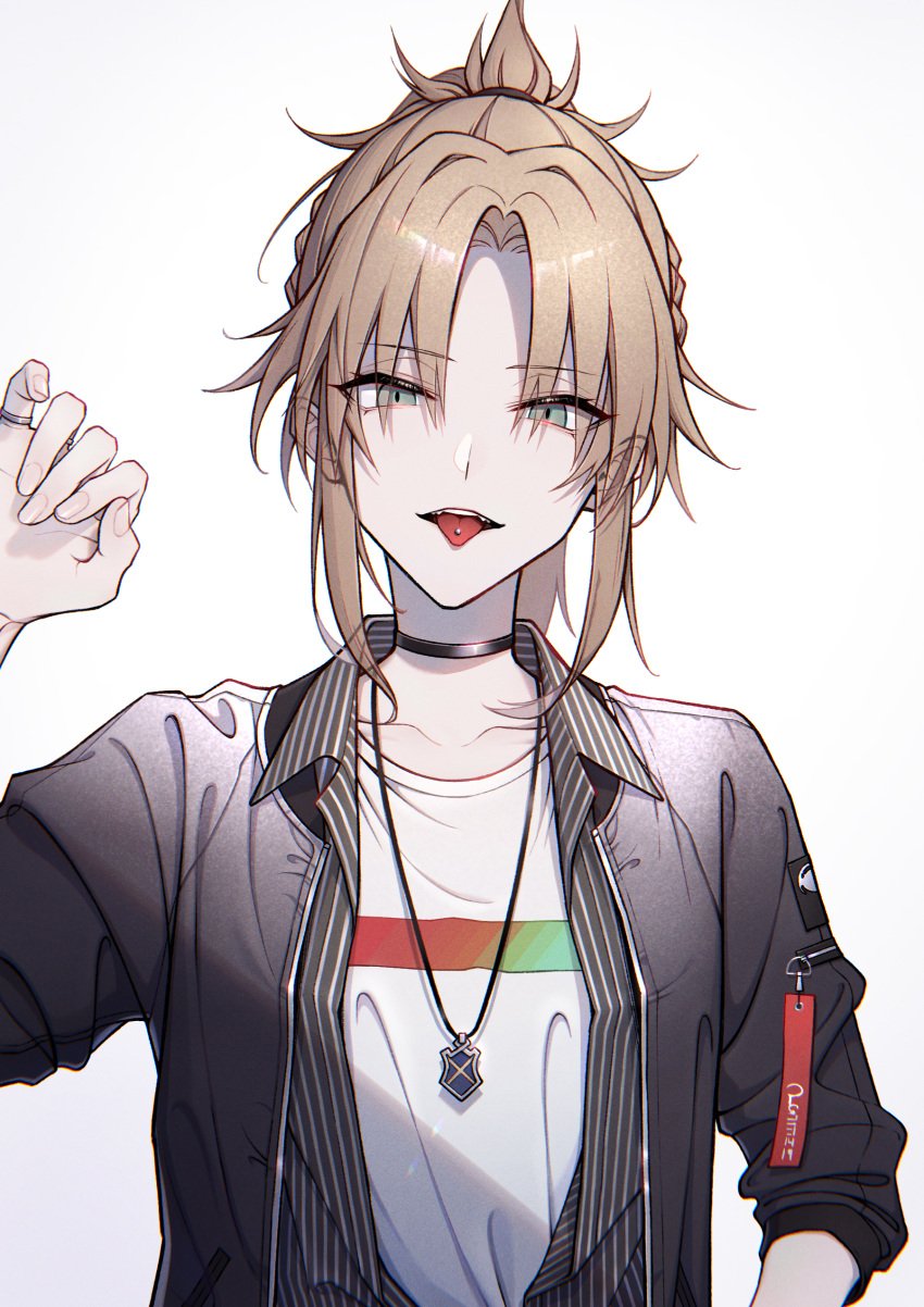 1girl :p absurdres alternate_costume bambi-25 blonde_hair braid choker cowboy_shot fate/grand_order fate_(series) french_braid green_eyes hair_ornament hair_over_eyes hair_scrunchie highres jewelry looking_at_viewer mordred_(fate) mordred_(fate/apocrypha) necklace piercing pinky_ring red_scrunchie scrunchie shirt solo tongue tongue_out tongue_piercing white_background white_shirt zipper