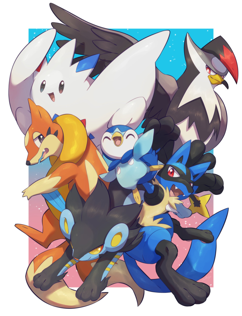 :d absurdres arm_up beak bird closed_eyes commentary_request fangs floatzel highres lucario luxray no_humans nullma open_mouth piplup pokemon pokemon_(creature) red_eyes smile staraptor togekiss tongue