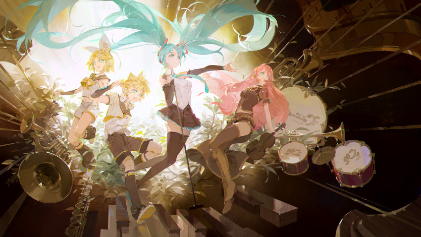 1boy 3girls a-shacho aqua_eyes aqua_hair backlighting blonde_hair bow commentary cymbals detached_sleeves drum french_horn hair_bow hatsune_miku hatsune_miku_(masterwork_apocalypse) hatsune_miku_(vocaloid4) headphones headphones_around_neck highres instrument jumping kagamine_len kagamine_len_(vocaloid4) kagamine_rin kagamine_rin_(vocaloid4) long_hair masterwork_apocalypse megurine_luka microphone_stand midriff multiple_girls navel open_mouth pink_hair short_hair shorts skirt sleeveless smile tattoo thighhighs trumpet twintails v4x very_long_hair violin vocaloid