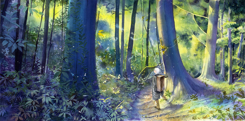 1boy amber_t backpack bag brown_footwear brown_pants chinese_commentary coat commentary_request day fern forest from_behind grey_coat hand_in_pocket hand_up leaf long_sleeves looking_away male_focus mushi_(mushishi) mushishi nature outdoors painting_(medium) pants path plant scenery shoes short_hair solo standing traditional_media tree watercolor_(medium) white_hair wide_shot