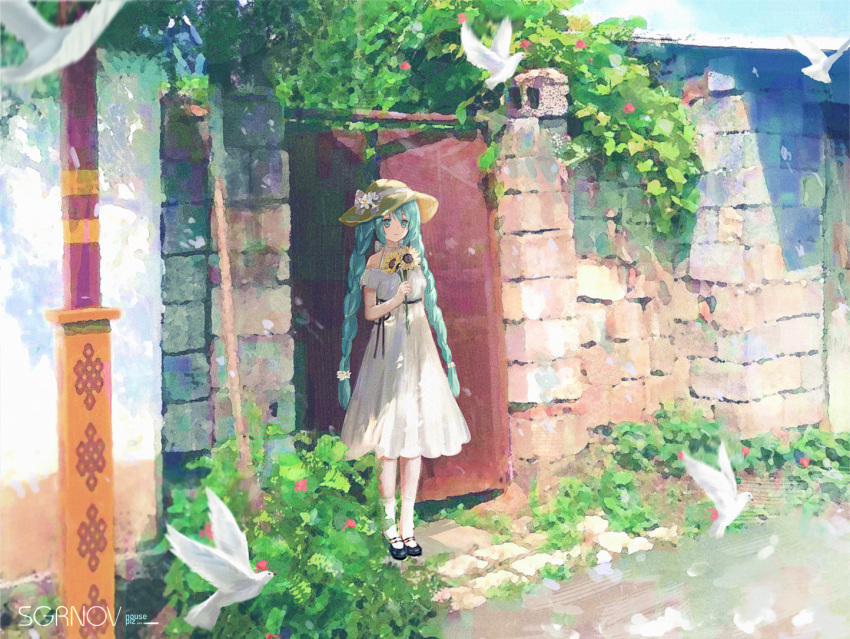 1girl alternate_hairstyle aqua_eyes aqua_hair bird braid commentary day dress english_commentary flower hat hat_flower hatsune_miku iceblue outdoors plant scenery smile solo standing sun_hat sundress sunflower twin_braids vocaloid white_bird wide_shot