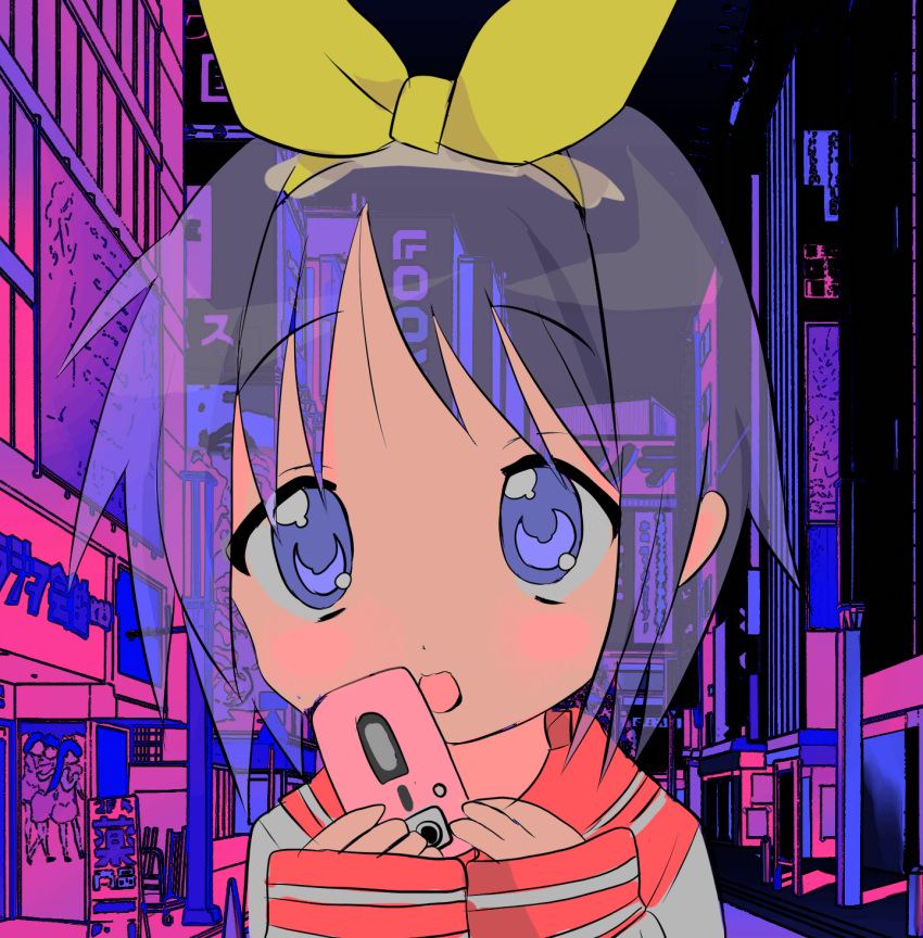 1girl blush_stickers bow cellphone city highres hiiragi_tsukasa lucky_star momae_makku open_mouth phone purple_eyes purple_hair school_uniform solo yellow_bow