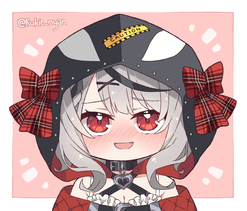 animal_collar black_collar black_hair blush_stickers chibi collar commentary english_commentary grey_hair hair_ornament hairclip hololive kukie-nyan multicolored_hair orca_hood red_eyes sakamata_chloe silver_hair streaked_hair striped twitter_username vertical_stripes virtual_youtuber