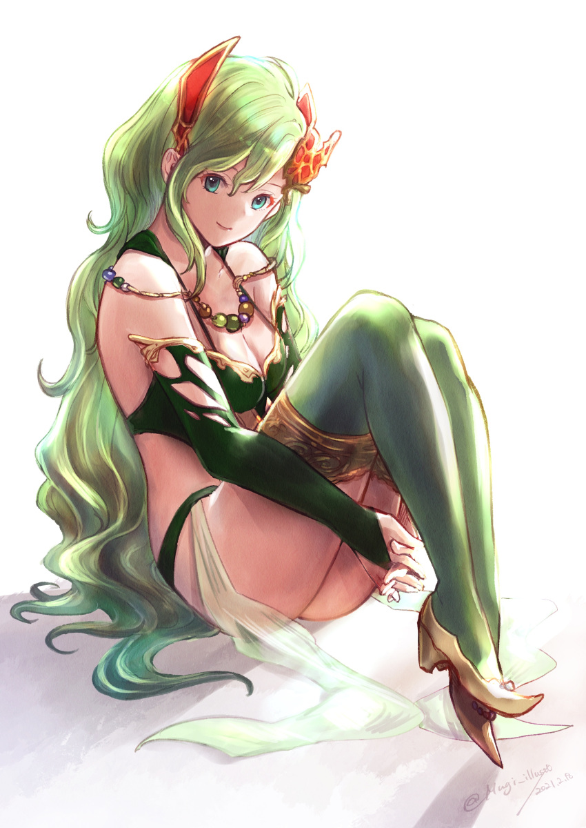 1girl absurdres blue_eyes breasts cleavage closed_mouth detached_sleeves final_fantasy final_fantasy_iv final_fantasy_iv_the_after green_eyes green_hair hair_ornament highres komugiko_no_mori large_breasts long_hair looking_at_viewer older rydia_(ff4) simple_background smile solo thighhighs white_background
