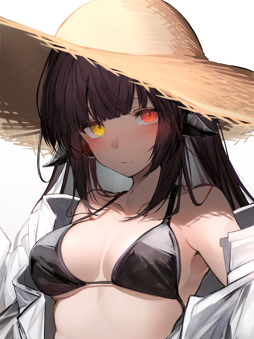 1girl absurdres bangs bare_shoulders bikini black_bikini black_hair blunt_bangs blush breasts brown_headwear cleavage closed_mouth collarbone commentary_request commission hat heterochromia highres horns long_hair looking_at_viewer medium_breasts off_shoulder open_clothes open_shirt red_eyes ringed_eyes shirt simple_background skeb_commission solo straw_hat swimsuit tab_head upper_body white_background white_shirt yellow_eyes