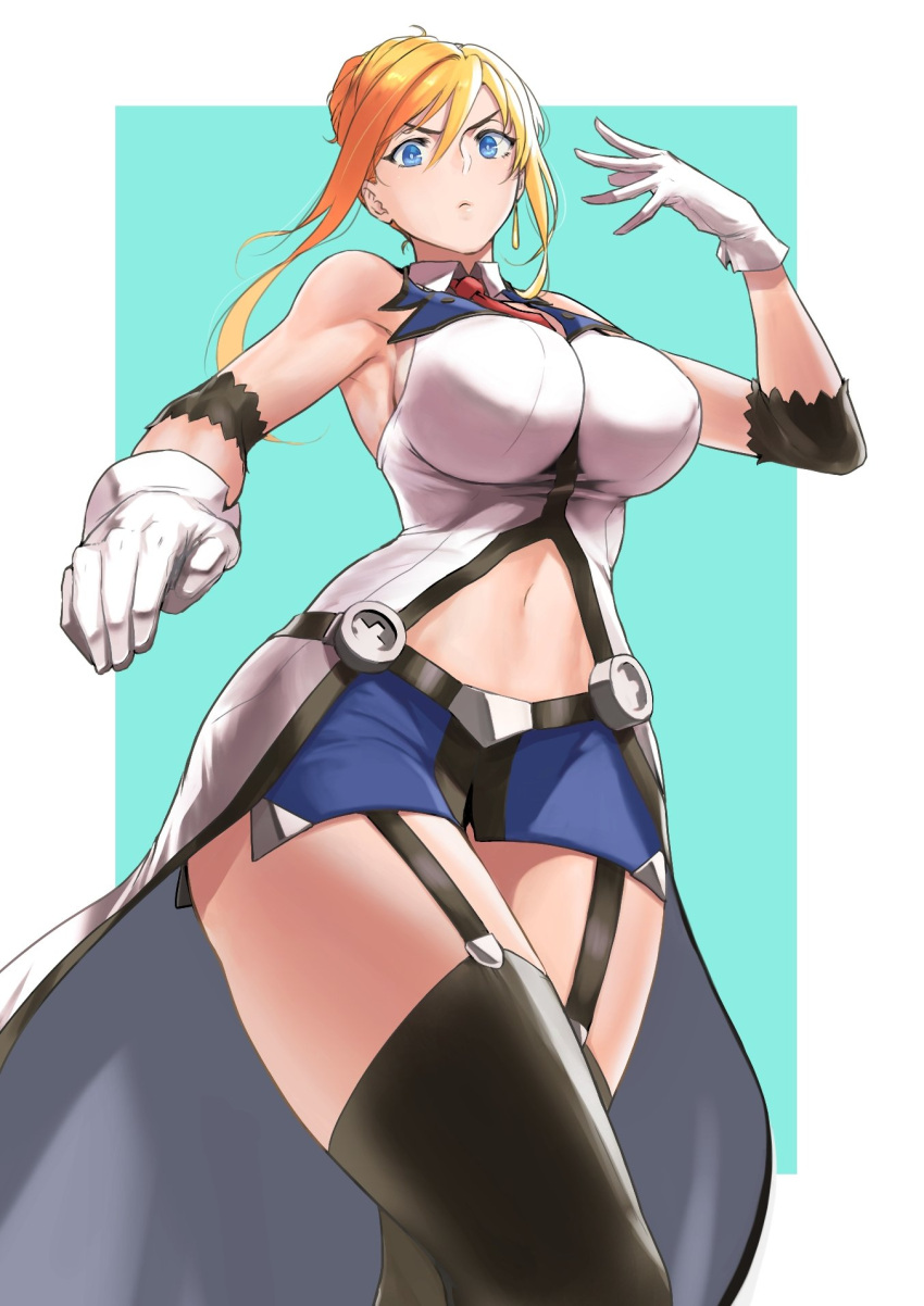 1girl anagumasan bangs blazblue blazblue_remix_heart blonde_hair blue_eyes breasts estella_mckenzie gloves hair_bun highres large_breasts looking_at_viewer looking_down navel necktie outside_border red_necktie standing v-shaped_eyebrows white_gloves