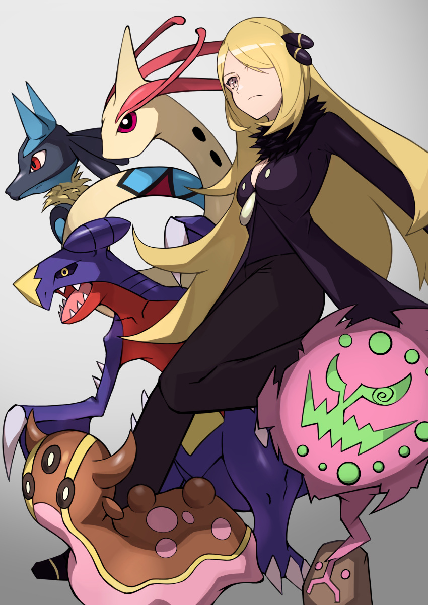 1girl absurdres black_coat black_pants blonde_hair closed_mouth coat commentary cynthia_(pokemon) fur_collar garchomp gastrodon gastrodon_(west) grey_background hair_ornament hair_over_one_eye highres long_hair lucario milotic nana_kamiii pants pokemon pokemon_(creature) pokemon_(game) pokemon_dppt shiny shiny_hair shoes spiritomb