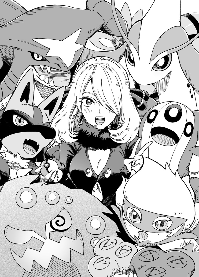1girl blush breasts cleavage cynthia_(pokemon) garchomp gastrodon gastrodon_(west) greyscale hair_ornament hair_over_one_eye highres holding holding_poke_ball long_hair looking_at_viewer lucario milotic monochrome open_mouth poke_ball poke_ball_(basic) pokemon pokemon_(creature) pokemon_(game) pokemon_dppt roserade sharumon smile spiritomb v