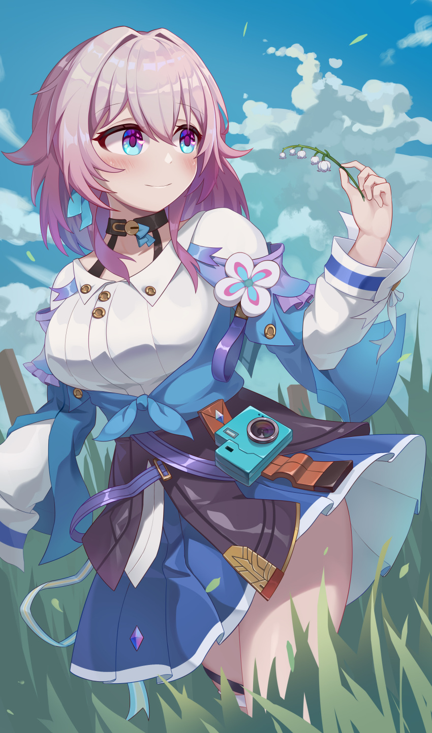 1girl absurdres bangs black_choker blue_jacket blue_skirt blue_sky choker closed_mouth cloud cloudy_sky earrings grass highres honkai:_star_rail honkai_(series) jacket jewelry long_hair long_sleeves march_7th_(honkai:_star_rail) outdoors pink_eyes pink_hair single_earring skirt sky smile solo tian_shrimp