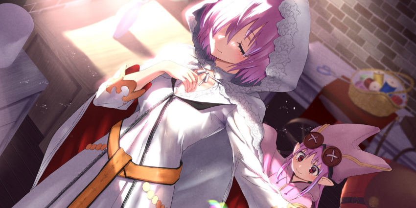 2girls bangs blush breasts button_eyes buttons cape closed_eyes dress fate/grand_order fate_(series) habetrot_(fate) hair_over_one_eye hat highres hood hood_up hooded_dress hooded_jacket jacket large_breasts light_purple_hair long_hair long_sleeves mash_kyrielight multiple_girls pink_hair pink_headwear pink_jacket pointy_ears red_eyes short_hair sidelocks small_breasts smile tsuuhan white_cape white_dress