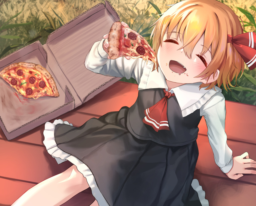 1girl :d black_skirt black_vest blonde_hair blush closed_eyes collared_shirt commentary drooling english_commentary fang food food_on_face hair_between_eyes hair_ribbon holding holding_food long_sleeves mouth_drool open_mouth pizza pizza_box pizza_slice red_ribbon ribbon roke_(taikodon) rumia shirt short_hair sitting skirt smile solo touhou vest white_shirt