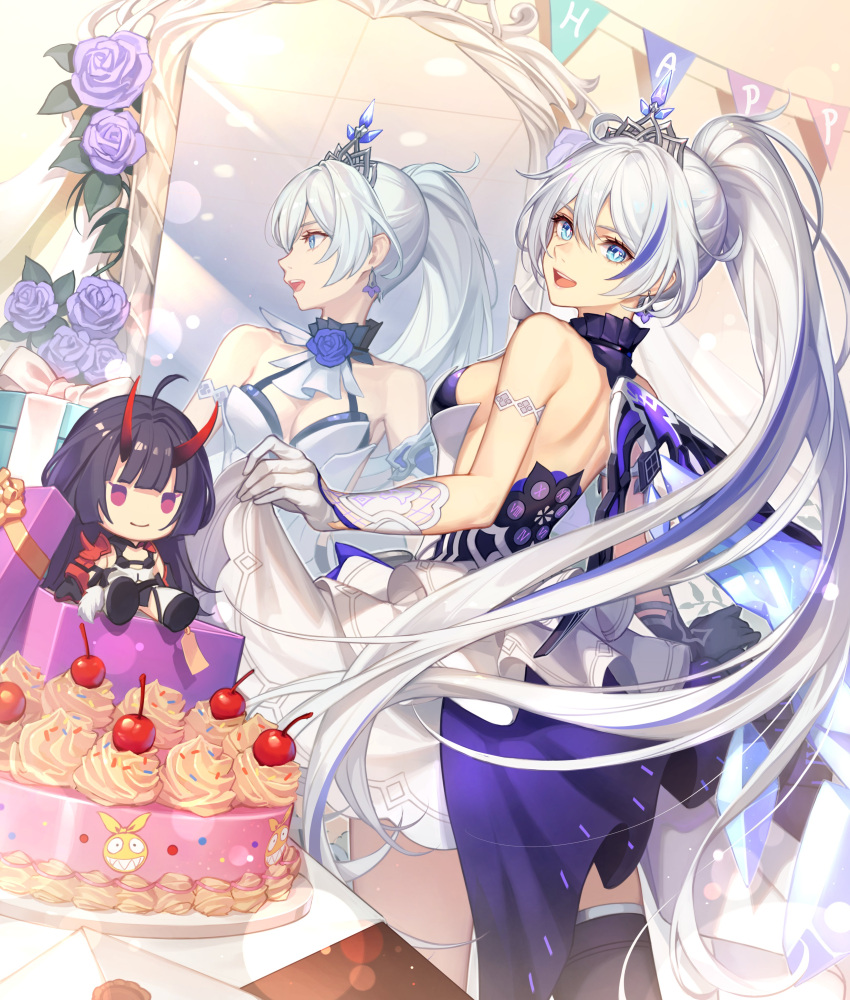 1girl absurdres baek_hyang bare_back bare_shoulders birthday birthday_cake blue_eyes breasts cake character_doll cleavage dress earrings food frilled_skirt frills gloves hair_ornament highres honkai_(series) honkai_impact_3rd jewelry kiana_kaslana kiana_kaslana_(herrscher_of_flamescion) long_hair looking_at_viewer open_mouth ponytail raiden_mei raiden_mei_(herrscher_of_thunder) ribbon skirt smile thighhighs white_hair