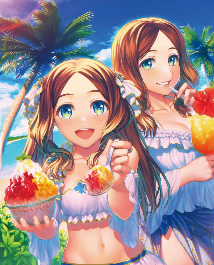 2girls absurdres bikini breasts fate/grand_order fate_(series) fruit_cup highres large_breasts leonardo_da_vinci_(fate) leonardo_da_vinci_(swimsuit_ruler)_(fate) looking_at_viewer multiple_girls ocean official_art palm_tree resized simosi small_breasts source_request sunlight swimsuit tree upscaled white_bikini