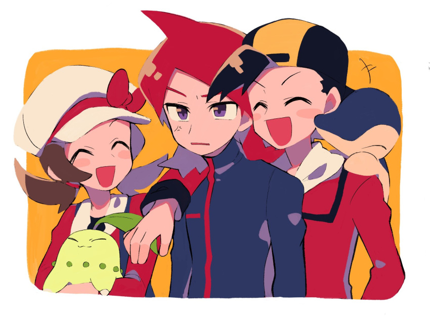 +++ 1girl 2boys :d anger_vein arm_around_shoulder backwards_hat bangs baseball_cap black_hair black_jacket blush_stickers bow brown_hair cabbie_hat chikorita closed_eyes cyndaquil ethan_(pokemon) hat hat_bow highres holding holding_pokemon jacket long_hair long_sleeves lyra_(pokemon) medium_hair multiple_boys open_mouth pokemon pokemon_(creature) pokemon_(game) pokemon_hgss purple_eyes red_bow red_hair red_jacket red_shirt shirt silver_(pokemon) smile twintails tyako_089 white_headwear