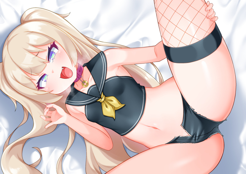 1girl :d azur_lane bache_(azur_lane) bangs bare_arms bare_shoulders black_sailor_collar black_shirt black_shorts blonde_hair blush collar collarbone commentary_request crop_top eyebrows_visible_through_hair fang fishnet_legwear fishnets hand_up heart heart-shaped_pupils heavy_breathing highres kirisame_mia long_hair lying navel on_back open_clothes open_fly open_shorts pink_collar purple_eyes sailor_collar shirt short_shorts shorts single_thighhigh sleeveless sleeveless_shirt smile solo spread_legs symbol-shaped_pupils thighhighs two_side_up very_long_hair