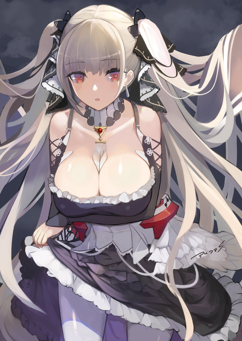 1girl azur_lane bangs bare_shoulders between_breasts black_dress breasts cleavage collarbone dress earrings formidable_(azur_lane) frilled_dress frills grey_hair hair_ribbon highres jewelry large_breasts long_hair looking_at_viewer open_mouth pantyhose pupps red_eyes revision ribbon solo twintails two-tone_dress two-tone_ribbon very_long_hair white_legwear