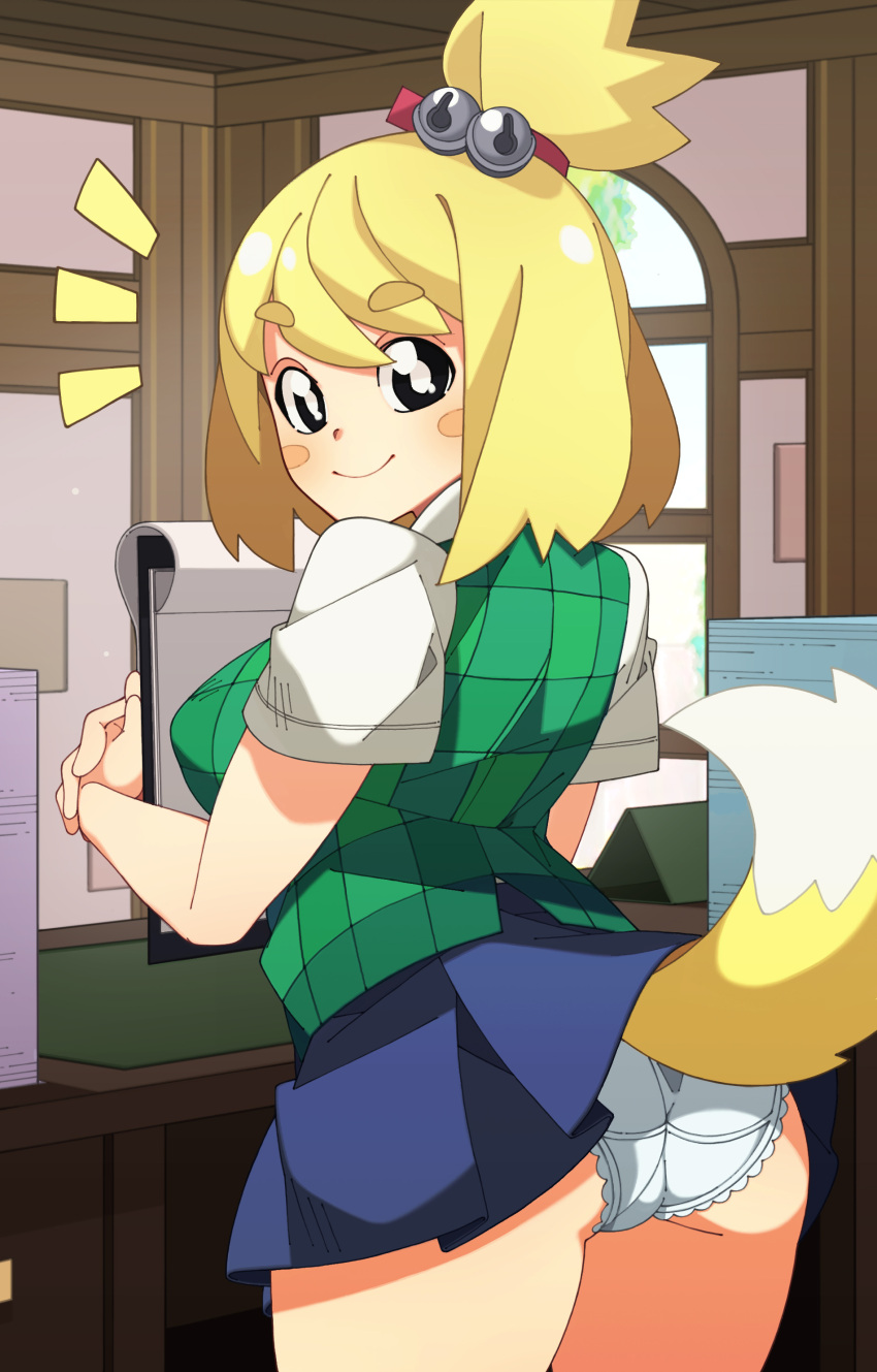 1girl absurdres animal_crossing animal_ears ass black_eyes blonde_hair blue_skirt blush blush_stickers bright_pupils checkered_clothes checkered_vest clip_studio_paint_(medium) clipboard commentary dog_ears dog_girl dog_tail english_commentary eyebrows_visible_through_hair from_behind green_vest hair_ornament happy highres holding holding_clipboard humanization indoors isabelle_(animal_crossing) looking_at_viewer looking_back making-of_available miniskirt nisego notice_lines panties pantyshot paper photoshop_(medium) pleated_skirt shirt short_hair short_sleeves skirt smile solo standing tail thick_eyebrows thighs tied_hair topknot trefoil underwear upskirt vest white_panties white_pupils white_shirt