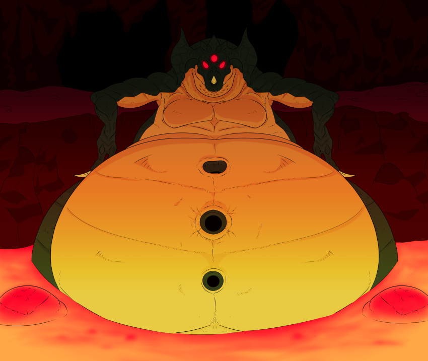 3_eyes absurd_res alien anthro belly big_belly bubble glowing glowing_eyes hi_res horn kraid lava lava_pool looking_at_viewer macro male metroid multi_eye nintendo overweight overweight_male reagan700 red_eyes relaxing solo underground video_games
