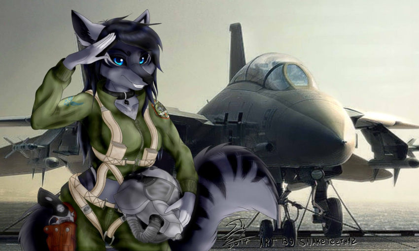 aircraft aircraft_carrier airplane anthro armor black_hair blue_eyes canid canine canis f-14 f-14_tomcat female flight_suit fur gesture grey_body grey_fur gun hair handgun headgear helmet holding_object holster jet lilith_(jl2154) mammal markings military outside pilot ranged_weapon revolver salute snaketeeth12 solo striped_markings striped_tail stripes tail_markings weapon wolf