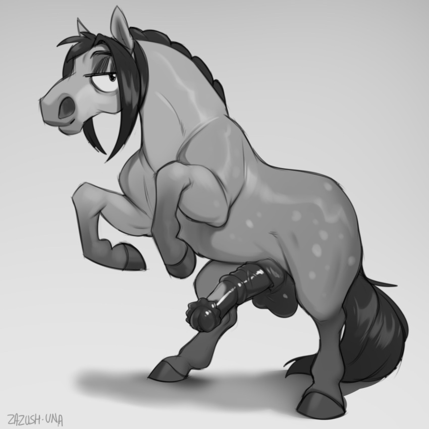 2021 anatomically_correct anatomically_correct_genitalia anatomically_correct_penis animal_genitalia animal_penis balls bedroom_eyes big_balls big_penis black_hair digital_media_(artwork) equid equine equine_penis erection eyebrows feral genitals greyscale hair heiken hi_res hooves horse looking_at_viewer male mammal mane mane_hair medial_ring monochrome narrowed_eyes on_hind_legs penis quadruped seductive sheath signature simple_background smile smiling_at_viewer solo vein veiny_penis zazush-una