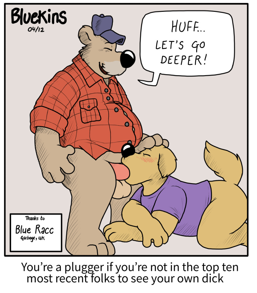 2021 anthro balls black_nose blueballs blush brown_body brown_fur canid canine canis clothing domestic_dog duo english_text fur genitals hat headgear headwear hi_res male male/male mammal mature_male oral overweight overweight_male penis pluggers_(comic) shirt text topwear ursid