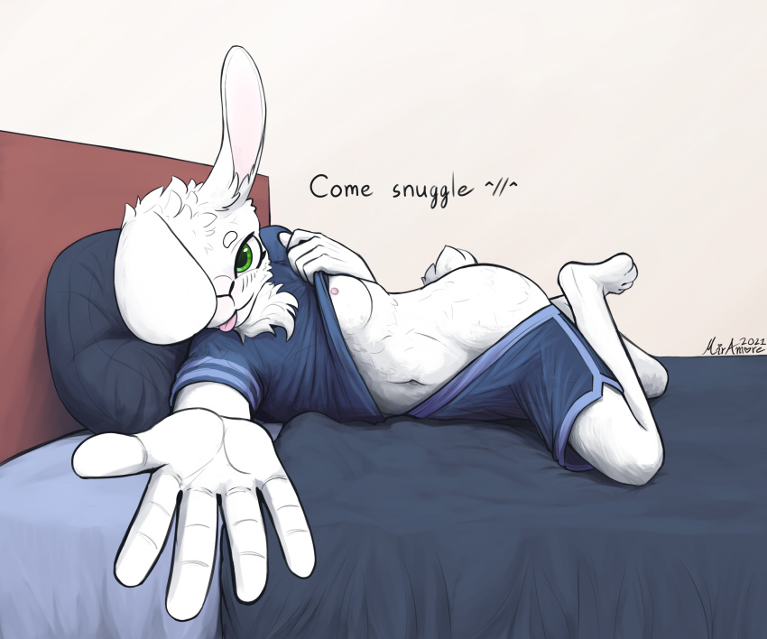 2021 5_fingers 6:5 anthro bed bedding blanket blush blush_lines bottomwear breasts clothed clothing dated digital_media_(artwork) english_text exposed_breasts exposing eyebrows feet female fingers fluffy fluffy_tail foreshortening fur furniture green_eyes hi_res inviting lagomorph leporid looking_at_viewer lying lying_on_bed mammal miramore neck_tuft nipples offering_to_viewer on_bed on_side one_eye_obstructed partially_clothed pillow presenting pulling_clothing rabbit scut_tail shirt short_tail shorts signature simple_background small_chest smile solo text tongue tongue_out topwear tuft white_body white_fur