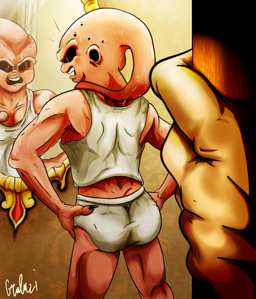 absurd_res black_sclera bodily_fluids briefs buu clothing dragon_ball dragon_ball_z grahnzi hi_res kid_buu majin_buu male mirror open_mouth shirt solo spying spying_pov sweat tank_top teeth_showing tongue_showing topwear undershirt underwear voyeur white_briefs white_clothing white_shirt white_tank_top white_topwear