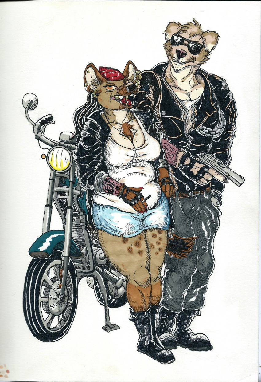 absurd_res angry anthro bike_(disambiguation) biker canid canine canis chubby_female clothing criminal cuban domestic_dog duo ear_piercing facial_piercing female gangsta gangster gold_(metal) gold_jewelry gun hi_res highway hyaenid hybrid hyenafur jacket jewelry karmen_hyena leather leather_clothing leather_jacket leather_topwear male male/female mammal mexican mexico motorcycle muscular nose_piercing piercing ranged_weapon slightly_chubby terminator texas tongue tongue_piercing topwear vehicle wasylthefox weapon