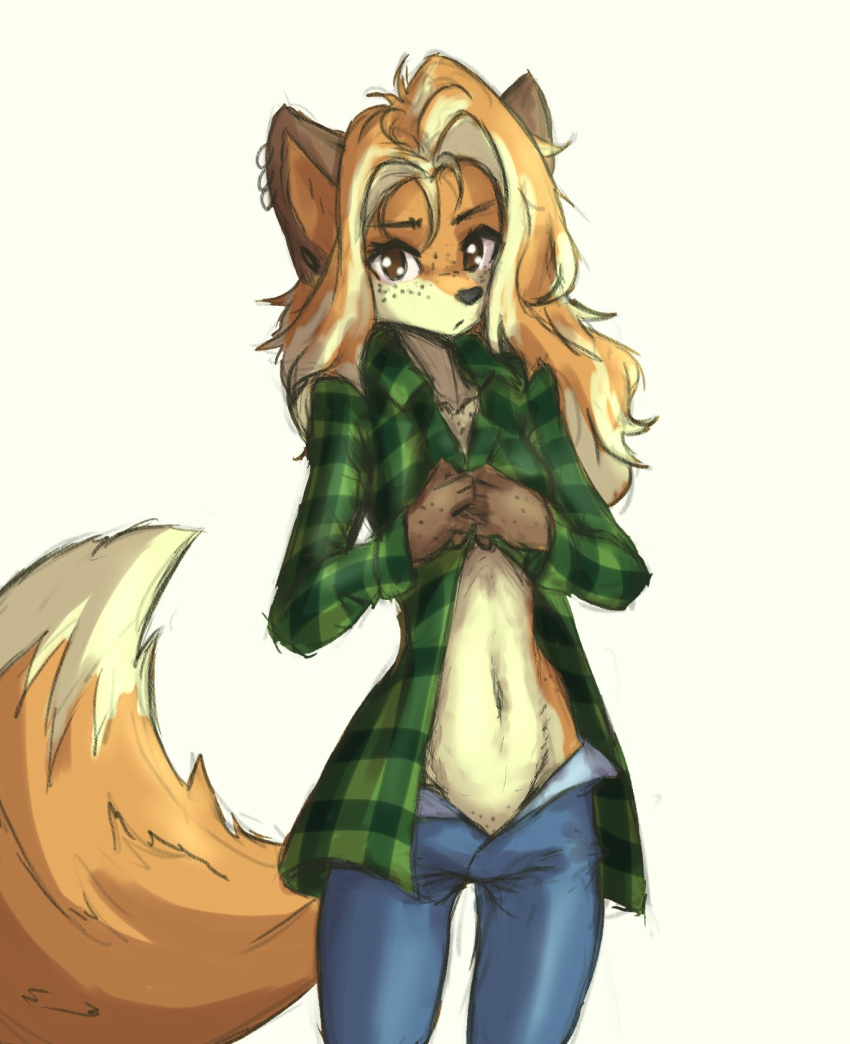 anthro black_nose blonde_hair bottomwear brown_body brown_fur canid canine clothed clothing denim denim_clothing dipstick_tail ear_piercing ear_ring female fox freckles fur gauged_ear gloves_(marking) hair hi_res jeans jinny_(tinygaypirate) long_hair looking_at_viewer mammal markings navel no_underwear orange_body orange_fur orange_hair pants pattern_clothing pattern_shirt pattern_topwear piercing plaid plaid_clothing plaid_shirt plaid_topwear shirt solo tail_markings tinygaypirate topwear unbuttoned_pants yellow_body yellow_fur