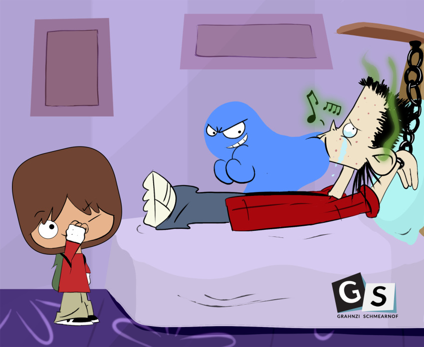 bed bloo blooregard bound cartoon_network dominant fart fart_in_mouth foster's_home_for_imaginary_friends furniture gas grahnzi hi_res human humiliation imaginary_friend mac_(foster's) male male/male mammal smelly steam